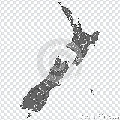 Blank map of New Zealand. Districts of New Zealand map. High detailed gray vector map of New Zealand on transparent background Vector Illustration